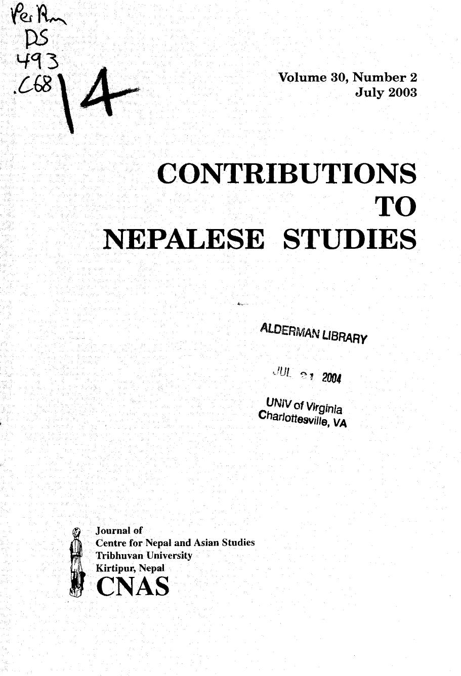 Contributions To Nepalese Studies :Volume30-02